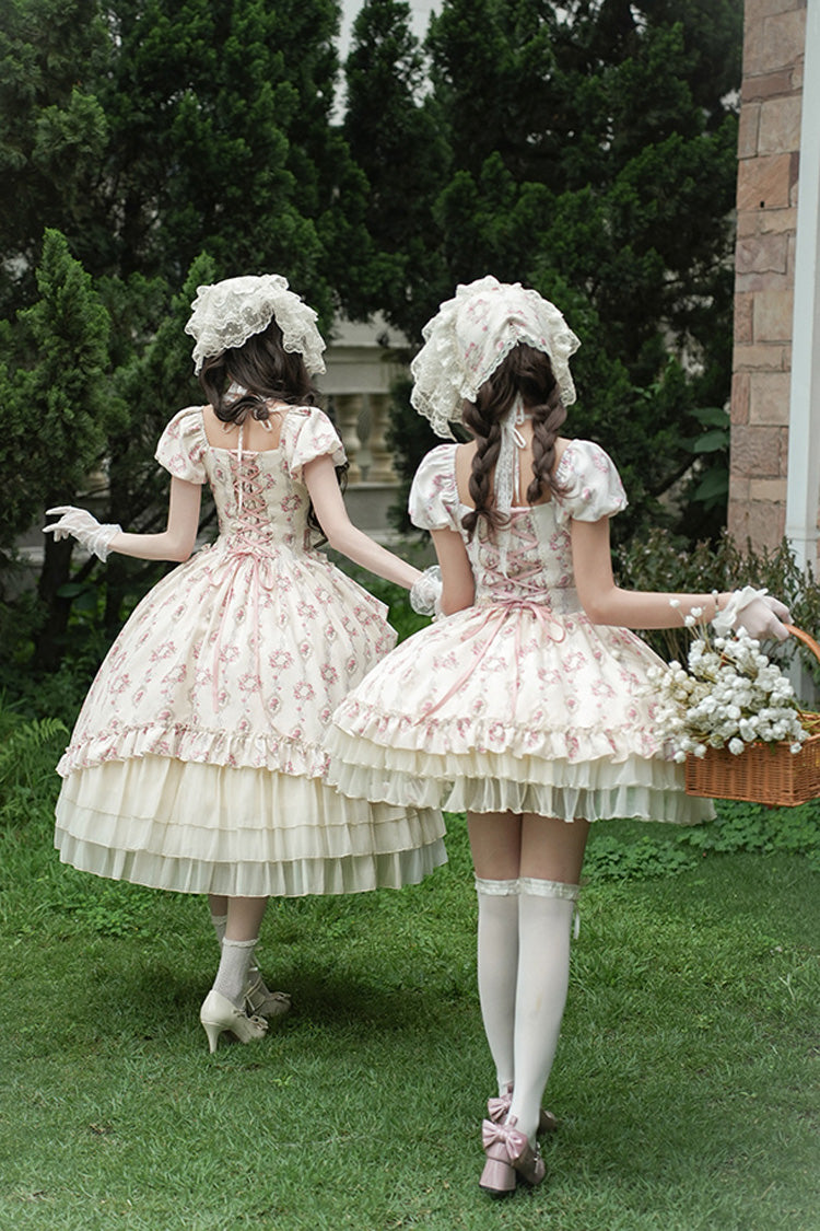 Ivory Rose After The Rain Short Sleeves Triple-Layered Print Ruffle Bowknot Lace-Up Sweet Lolita Short Dress