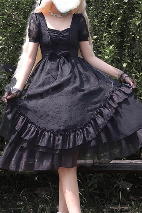 French Elegant Print Multi-Layer Ruffled Short Sleeve Classic Lolita Dress