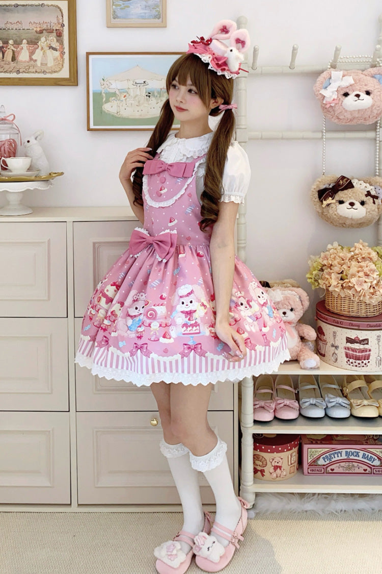 Pink Cupid Bunny Printed Sleeveless Bow Sweet Princess Lolita Strap Dress