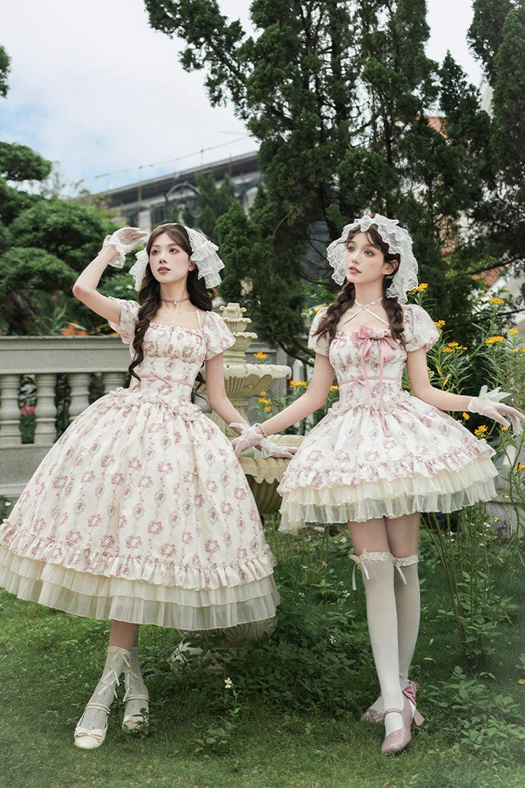 Ivory Rose After The Rain Short Sleeves Triple-Layered Print Ruffle Bowknot Lace-Up Sweet Lolita Short Dress