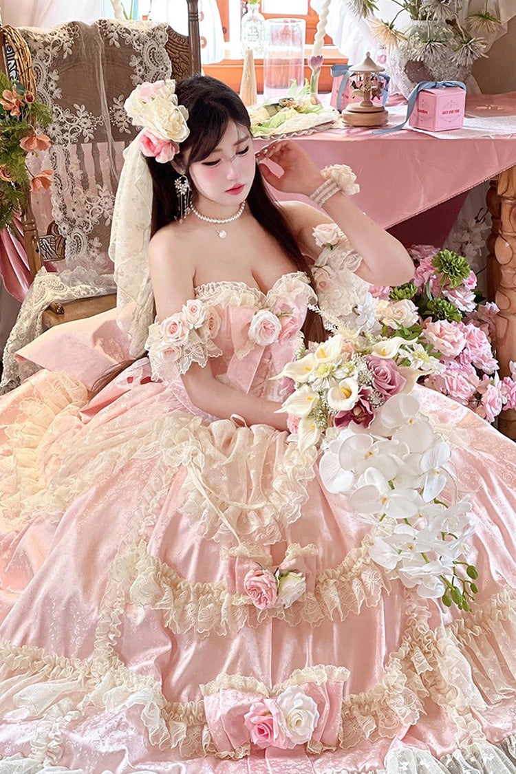 Pink Love and Roses Ruffle Hanayome Bowknot Lace Sweet Princess Lolita Jsk Dress