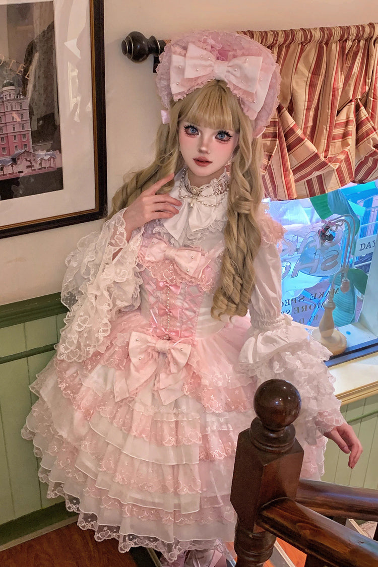 Pink/White Love Overture Multi-Layered Ruffle Bowknot Lace Sweet Lolita Jsk Dress
