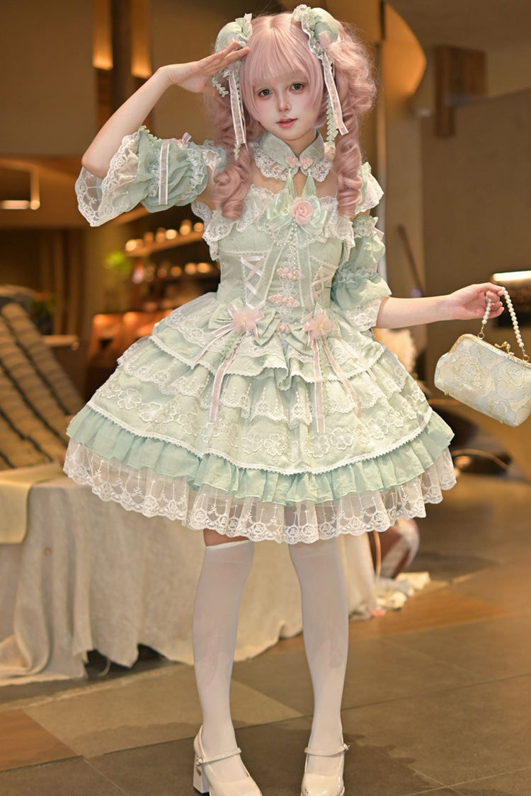Green Rain of Peaches Sleeveless Multi-Layered Bowknot Lace Sweet Chinese Style Lolita Jsk Dress