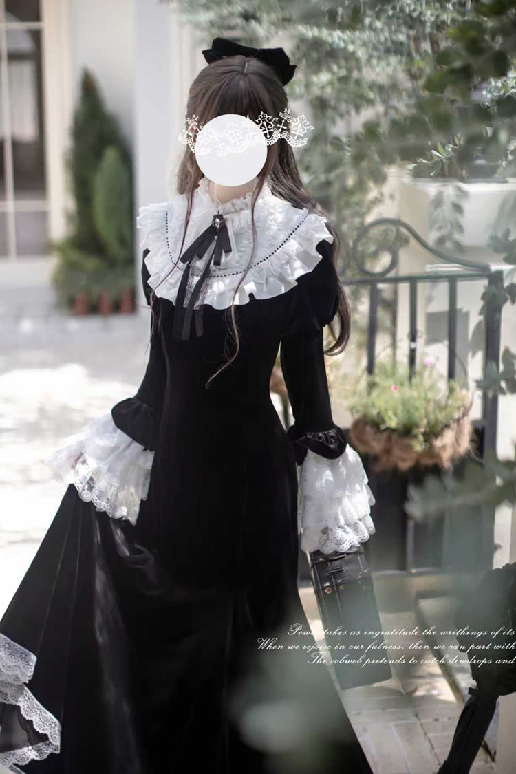 Black Raven-Feather Poetic Letter Velvet Long Hime Sleeves Ruffle Bowknot Gothic Elegant Lolita Fishtail Dress