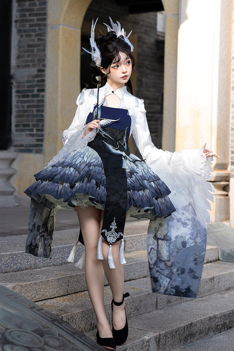 Dark Blue Feathered Finch Multi-Layered Print Ruffle Classic Chinese Style Lolita Jsk Dress Set