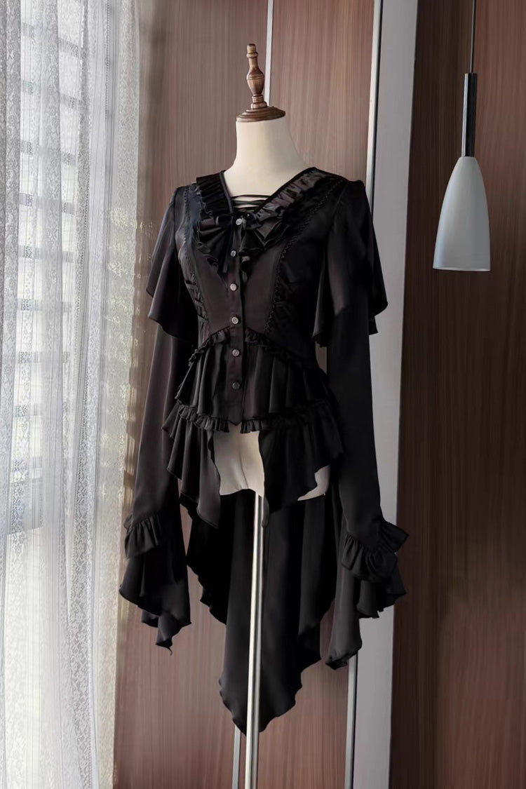 Echoes of the Deep Sea Long Hime Sleeves Ruffled Bow Lace-Up Gothic Ouji Lolita Blouse 4 Colors