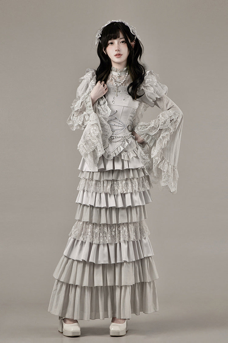 Solid Color Bionic Doll Square Collar Multi-Layered Ruffle Bowknot Lace-Up Gothic Lolita Fishtail Skirt Corset Set