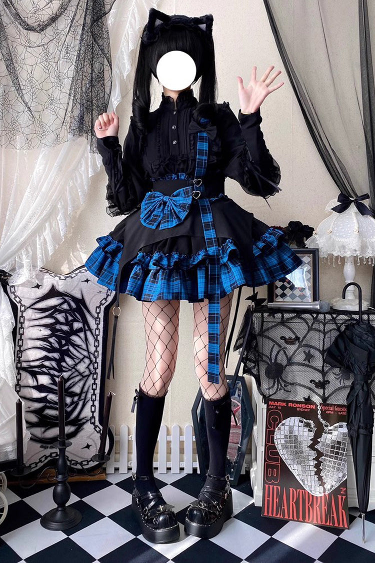Electronic Kitten Dark Girl Multi-layer Plaid Print Ruffle Bowknot Gothic Lolita Skirt 3 Colors