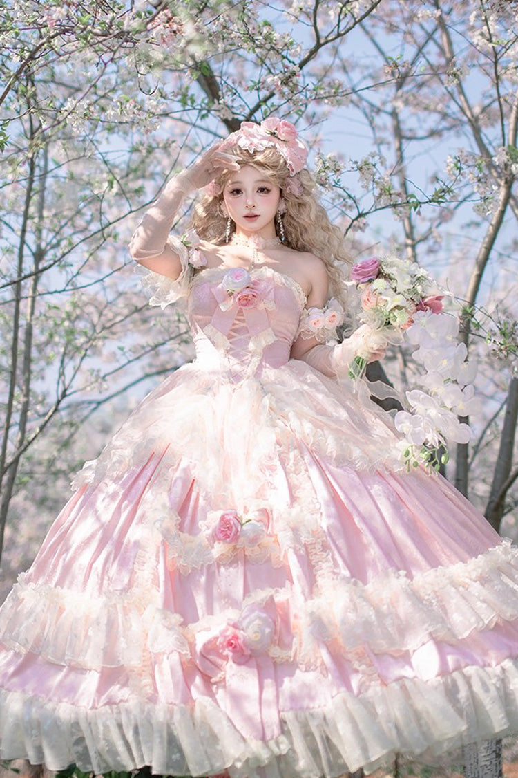 Pink Love and Roses Ruffle Hanayome Bowknot Lace Sweet Princess Lolita Jsk Dress