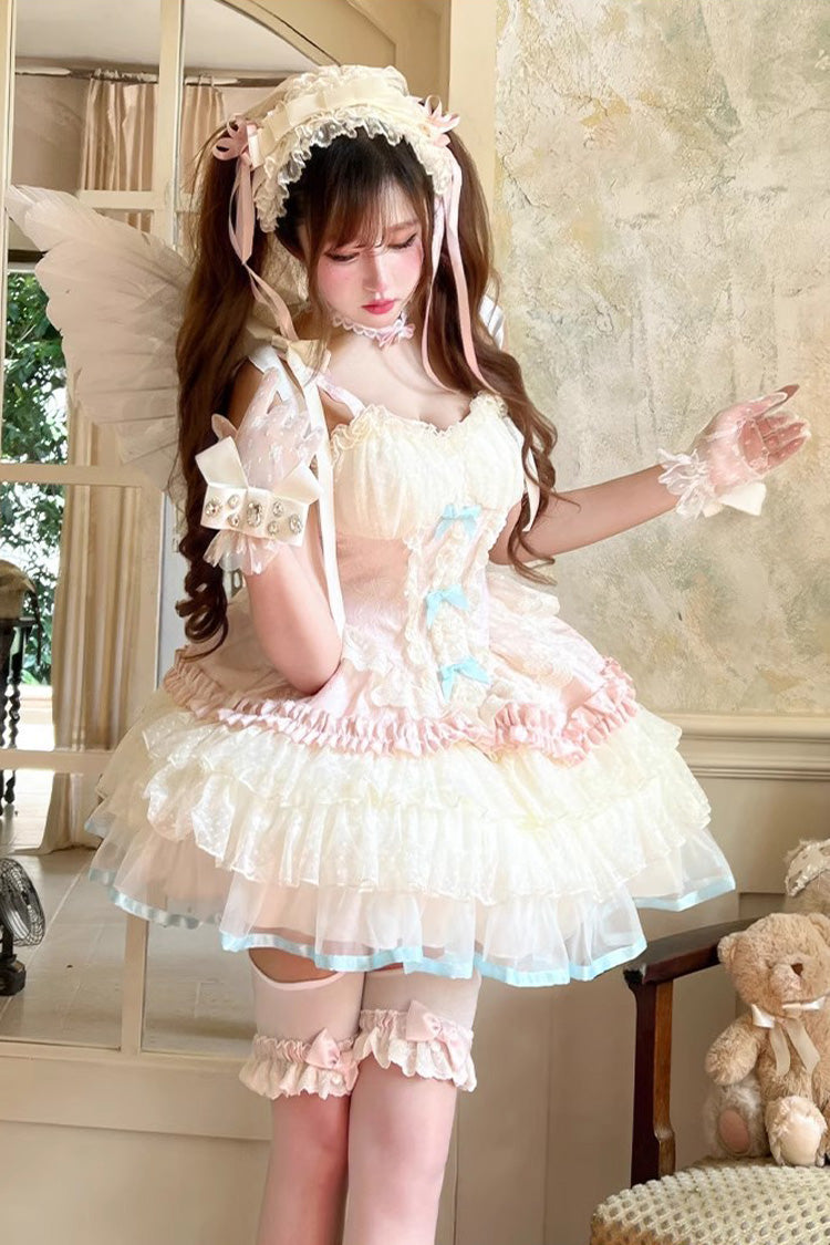 Pink/Beige Sweet Dream Peach Sleeveless Multi-Layered Ruffle Bowknot Lace Sweet Ballet Lolita Jsk Dress