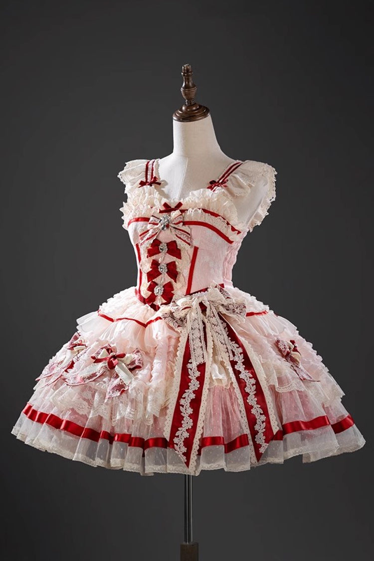 Pink Moonstone Sleeveless Ruffle Embroidery Bowknot Lace Fishbone Sweet Princess Lolita Dress