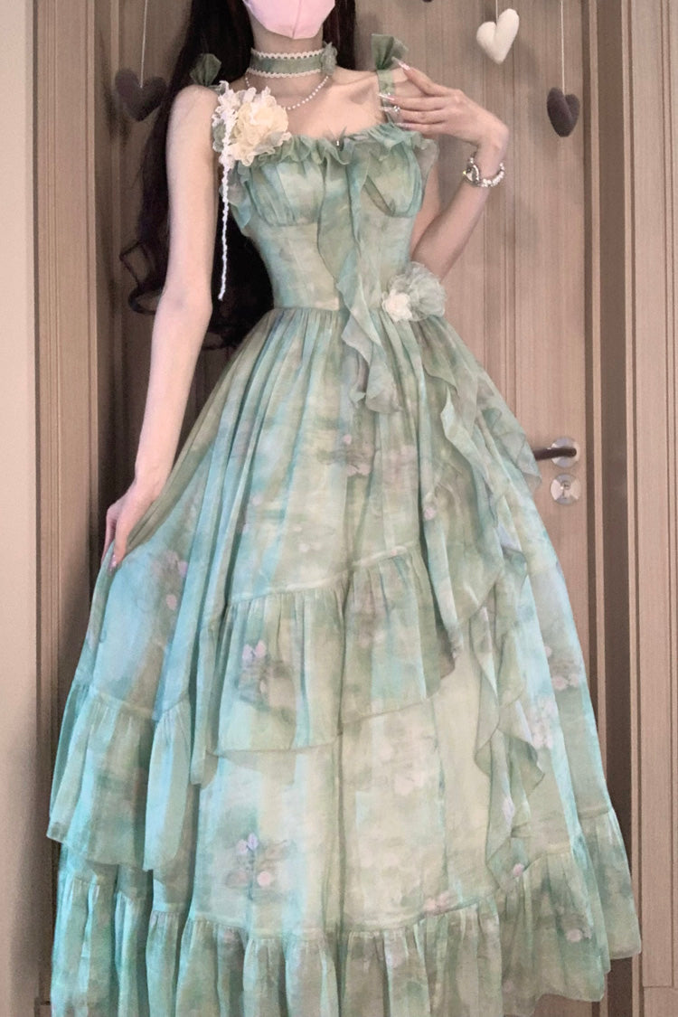Green Forest Garden Print Ruffle Bowknot Sweet Lolita Jsk Long Dress