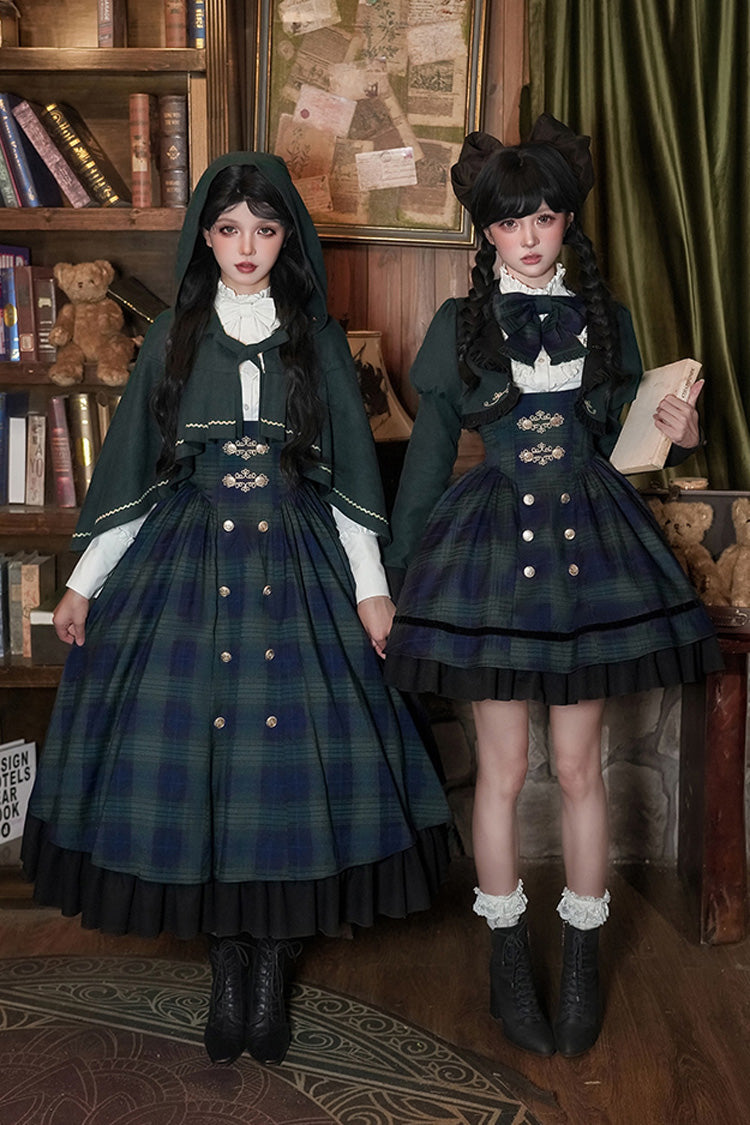 Blue/Green Berlin's letter Double-Layered Plaid Print Ruffle Bowknot Classic College Style Lolita Strap Dress Set 2 Versions