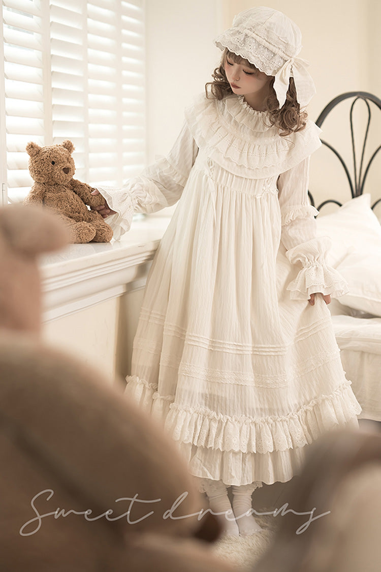 White Good Night Long Sleeves Double-Layered Ruffle Bowknot Lace-Up Holy Sweet Lolita Dress