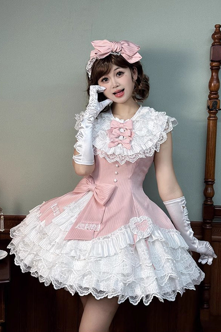 Pink Miss Tsundere Sleeveless Multi-Layered Ruffle Bowknot Lace Asymmetric Sweet Princess Lolita Dress