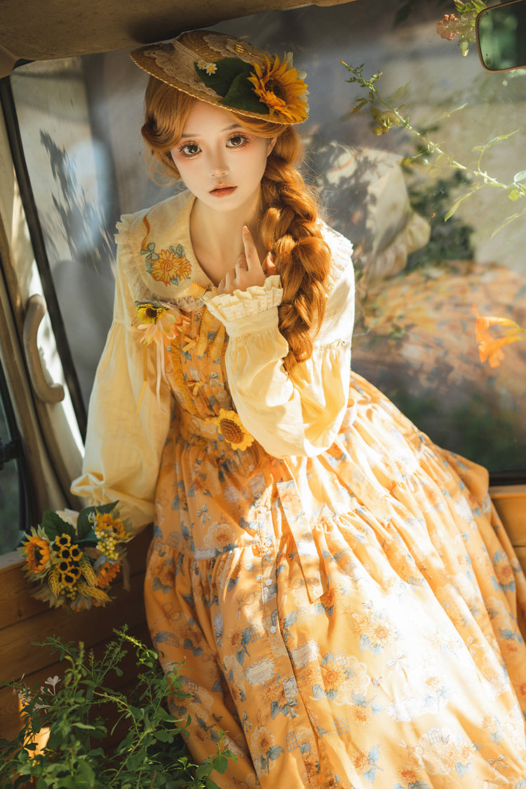 Green Gardening Sunflower Sleeveless Print Ruffle Bowknot Sweet Elegant Lolita Jsk Dress