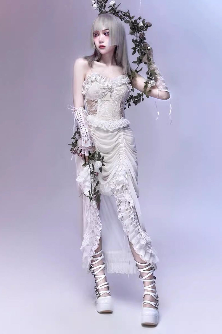 White Redemption of the Deity Drawstring Ruffle Embroidery Lace Pleated Gothic Lolita Jsk Dress
