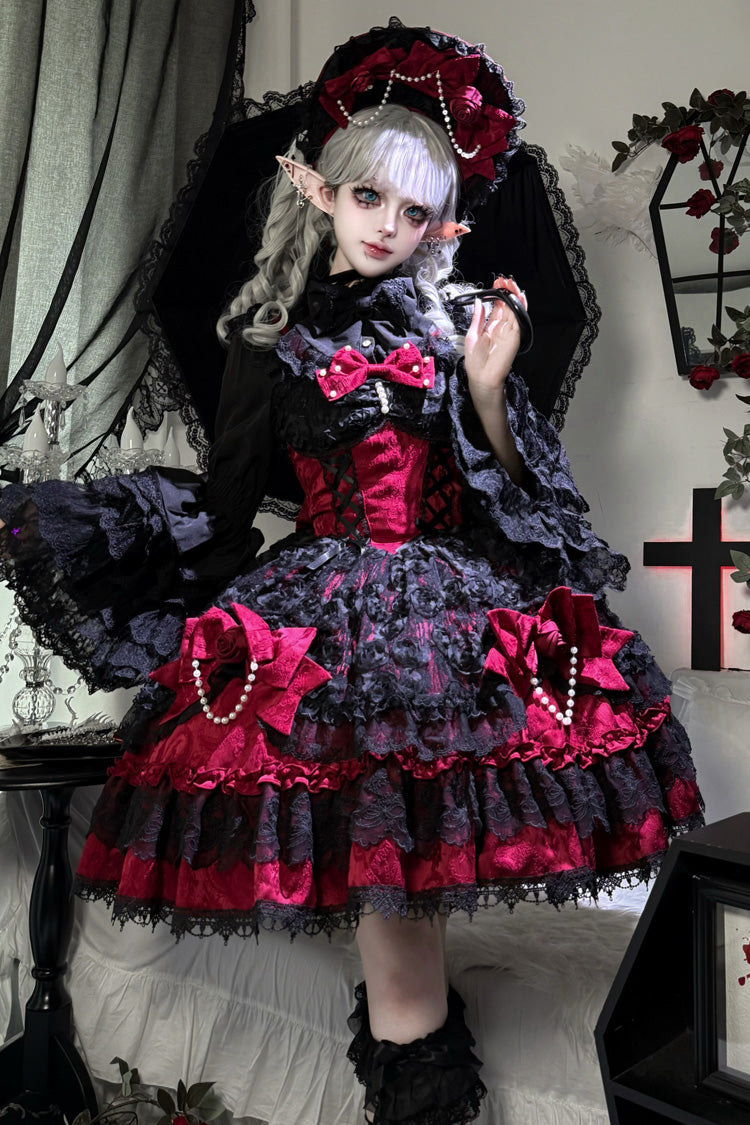Black/Red Rose Princess Sleeveless Ruffle Bowknot Lace Lace-Up Gothic Ballet Lolita Jsk Dress