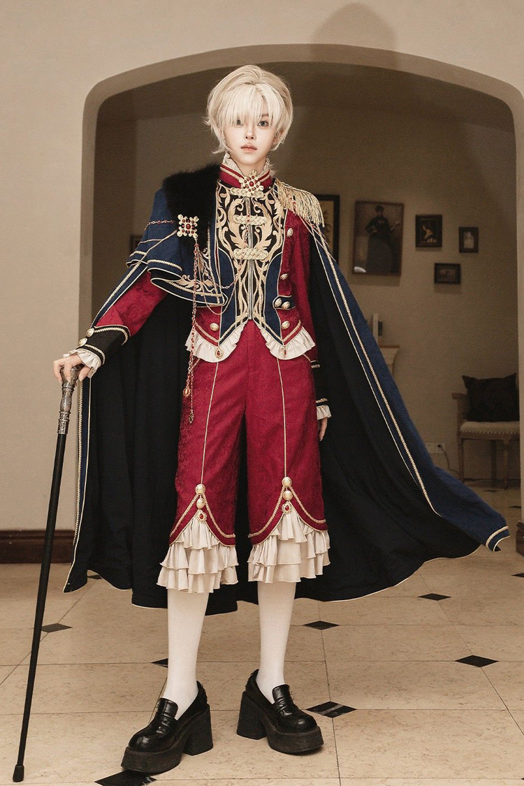 Red/Blue Royal Glory Stand Collar Long Sleeves Ruffled Embroidered Gothic Vintage Prince Palace Ouji Lolita Set