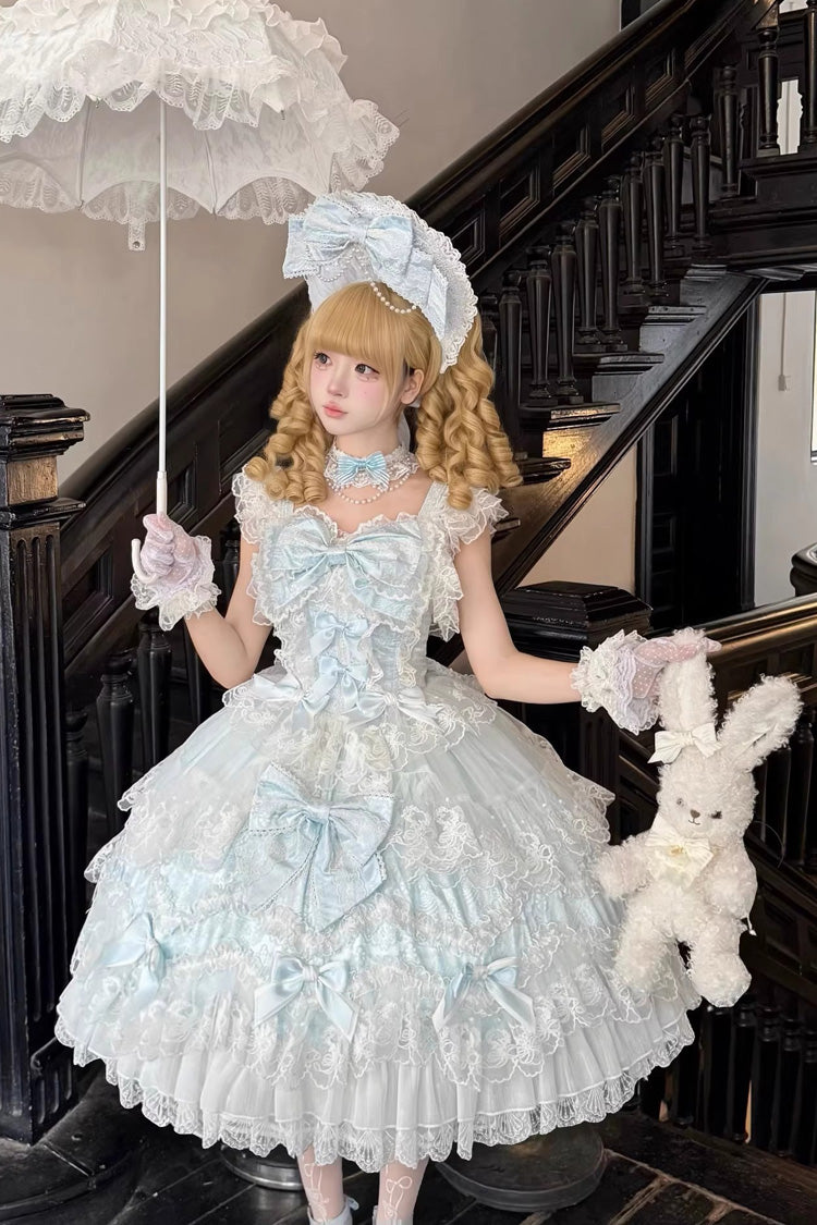 Blue Sakura Dream Romance Sleeveless Multi-Layered Ruffled Hanayome Bow Lace Sweet Princess Lolita Jsk Dress