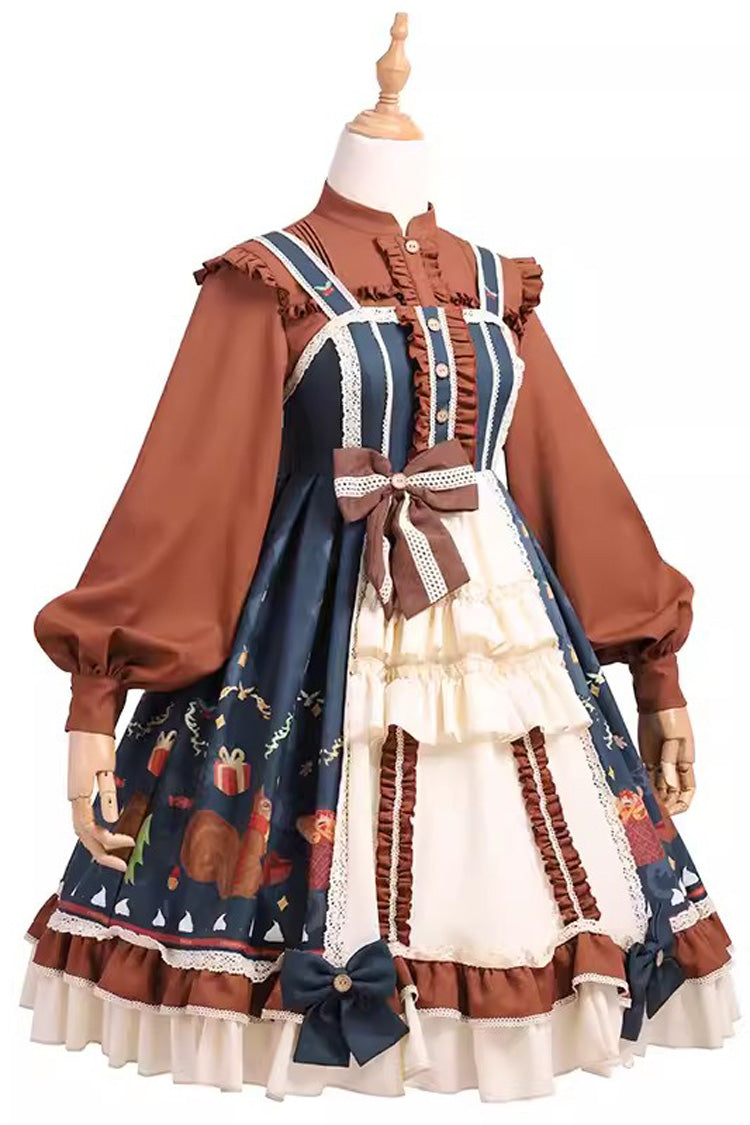 Multi-Color Christmas Far Away Print Ruffle Bowknot Sweet Princess Lolita Jsk Dress