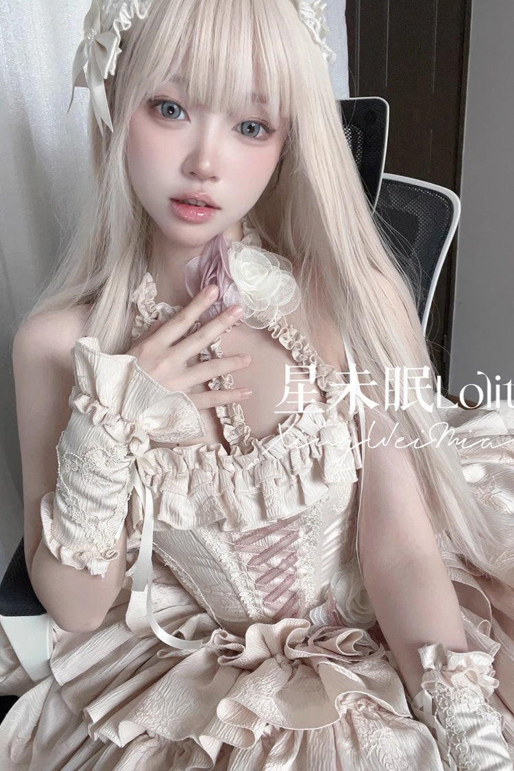 Sunset Venus Halterneck Sleeveless Multi-Layered Ruffle Bowknot Lace Fishbone Sweet Lolita Dress 2 Colors