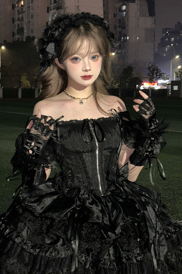 Black Rose Memoirs Sleeveless Multi-Layered Bowknot Lace Gothic Lolita Skirt Set