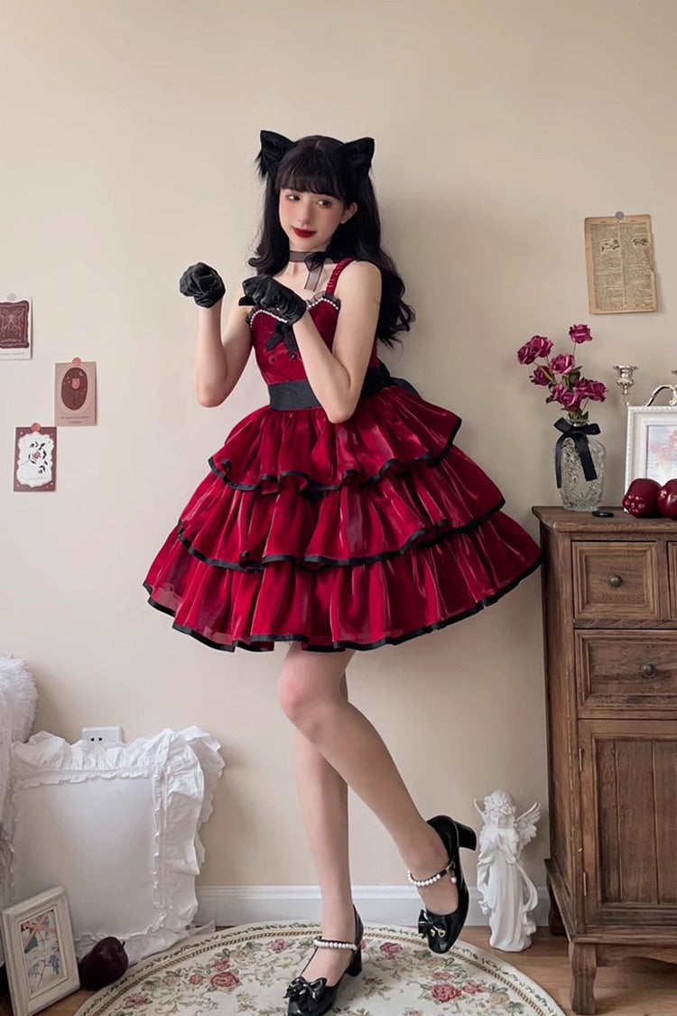 Rose Contrast Color Large Swing Tiered Sleeveless Gothic Lolita JSK Dress 3 Colors