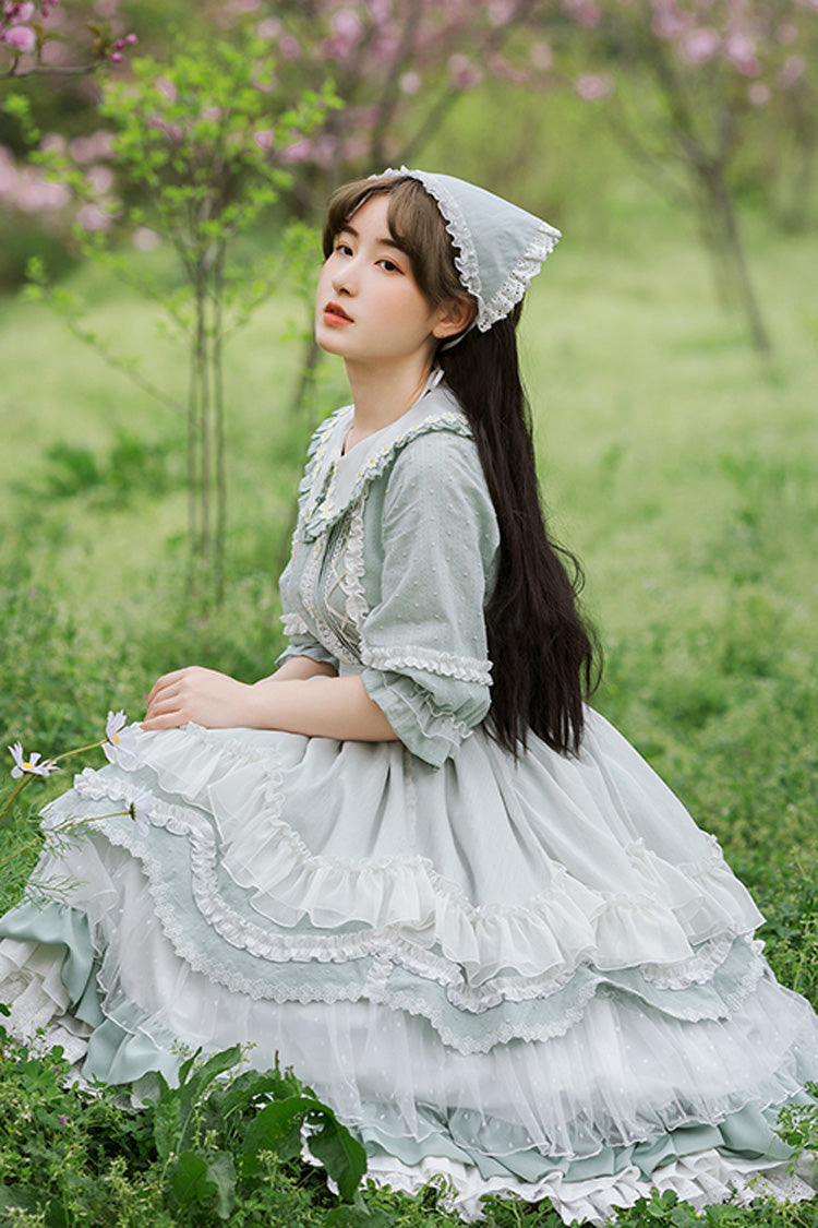 Green Doll Collar Lantern Half Sleeves Lace Ruffled Sweet Lolita Op Tiered Dress (Apron is included)
