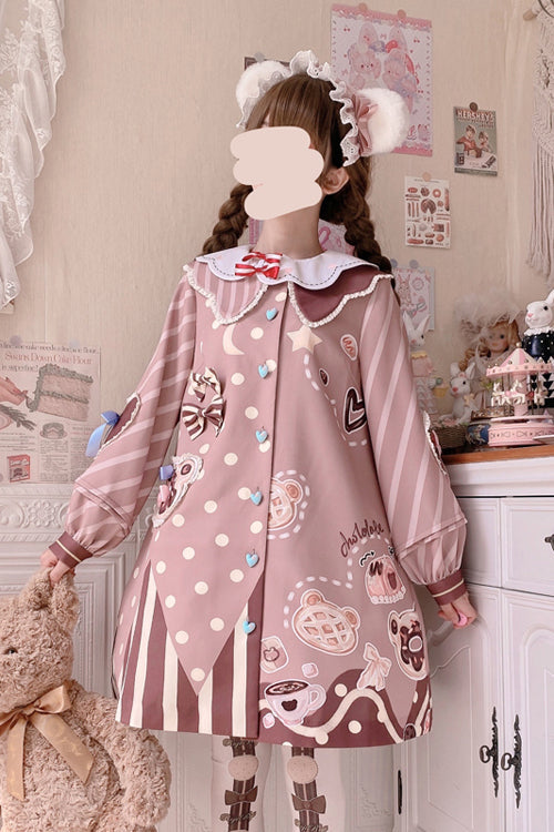 Pink Doll Lapel Collar Single Breasted Lantern Long Sleeves Bear Print Sweet Lolita OP Dress