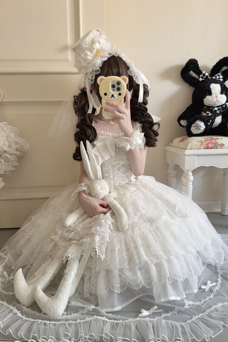 White Eternal Vow Sleeveless Multi-Layered Ruffle Hanayome Bowknot Lace Lace-Up Sweet Lolita Jsk Dress