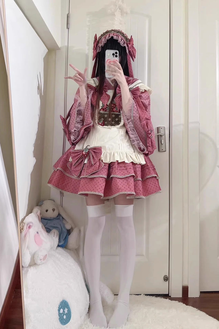 Pink Multi-layer Strawberry Polka Dot Print Bowknot Princess Sweet Lolita Skirt Set