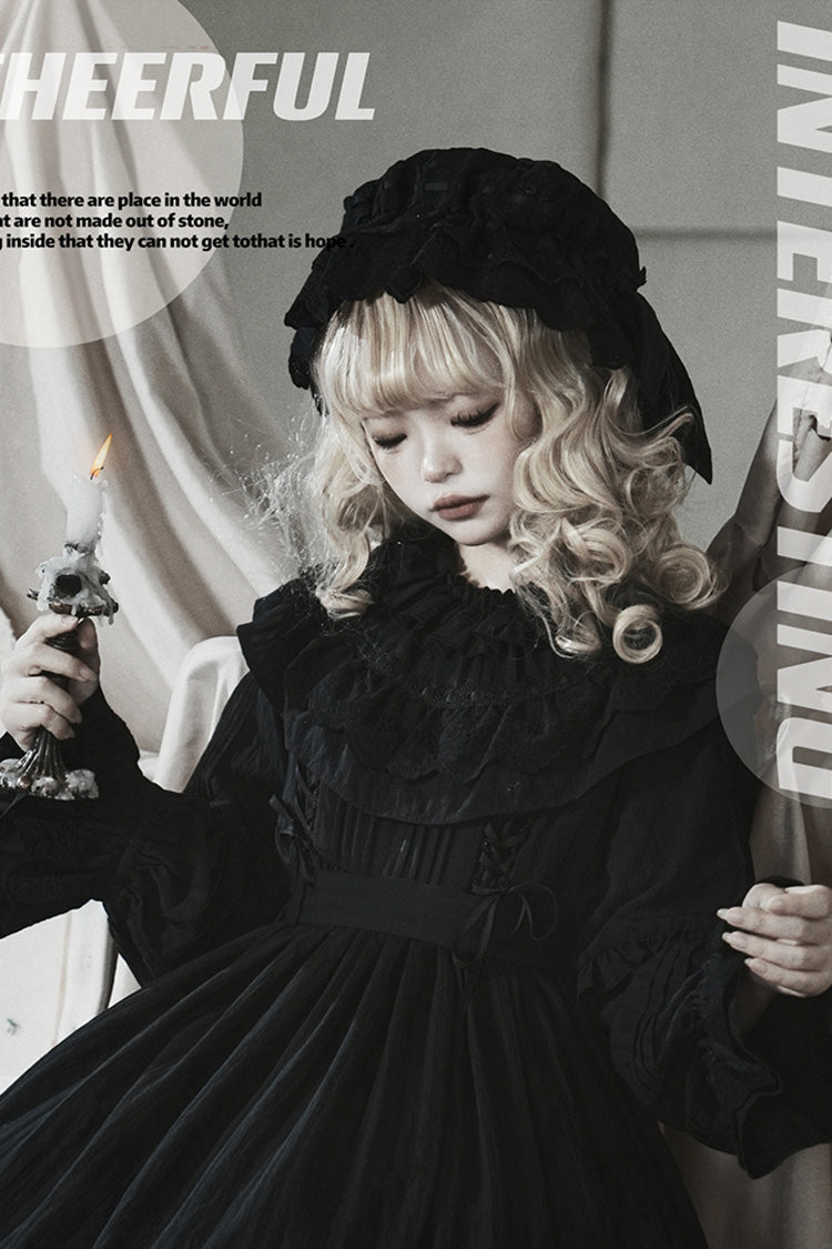 Black Good Night Long Sleeves Double-Layered Ruffle Bowknot Lace-Up Holy Gothic Lolita Dress