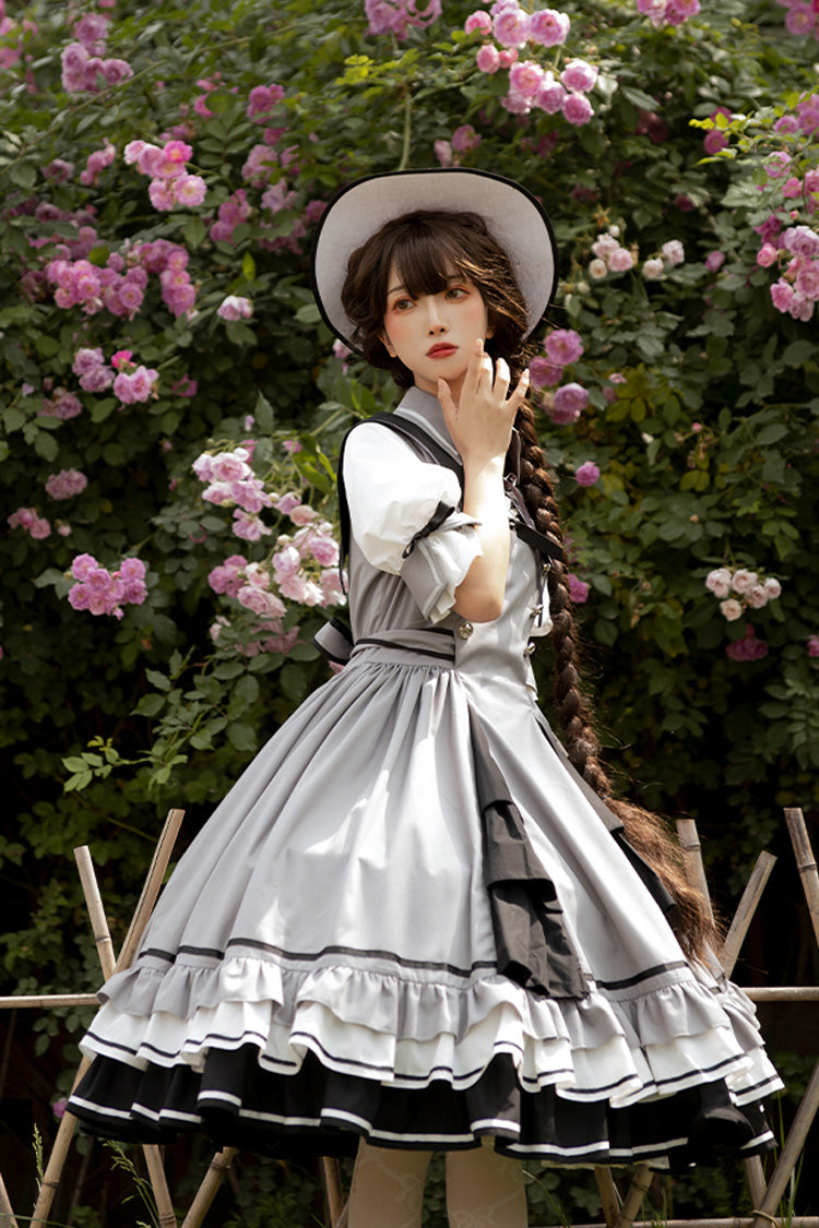Gray Steel Rose Ruffle Bowknot Vintage Elegant Princess Lolita Dress