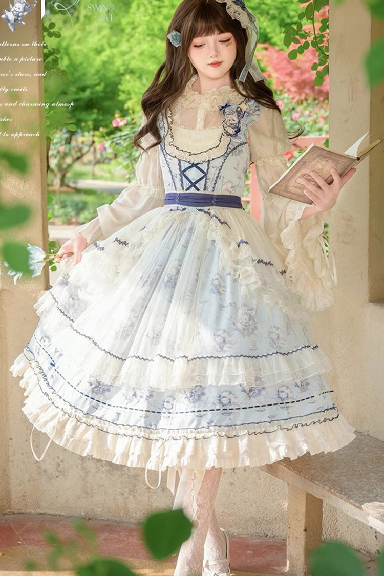 Blue Swing Cat Print Ruffle Bowknot Lace Sweet Elegant Lolita Jsk Dress