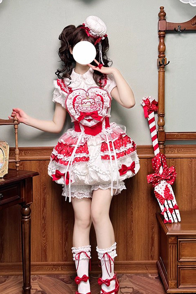 Red/White Twin Bears Birthday Cake Sleeveless Print Ruffle Bowknot Lace Sweet Lolita Small Flower Bud Dress
