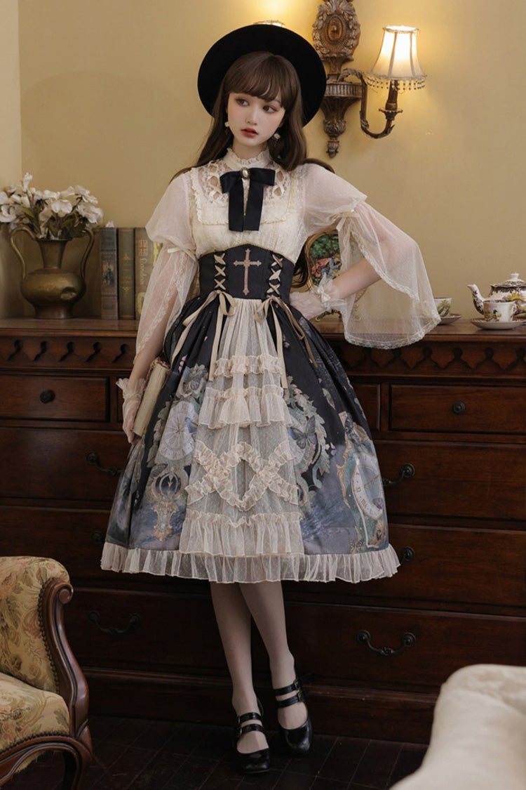 Multi-Color Cardigan Lace Ruffle Clock Butterfly Print Classic Lolita Skirt Set
