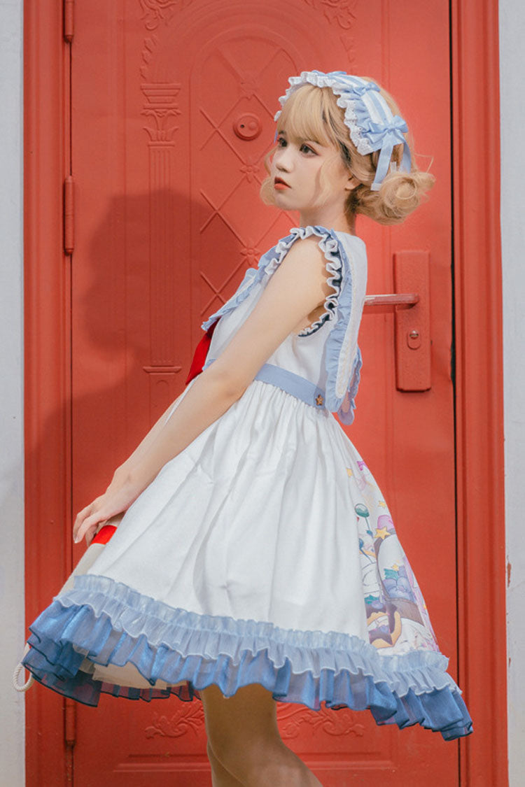 White/Blue Sailor Collar Delicious Food Print Ruffled Sweet Lolita Suspender Dress