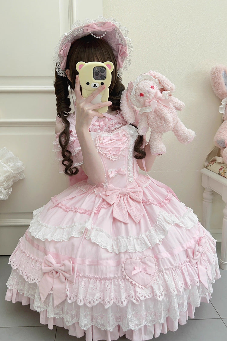 Pink Super Cute Belia Sleeveless Triple-Layered Ruffle Bowknot Lace Sweet Elegant Lolita Jsk Dress