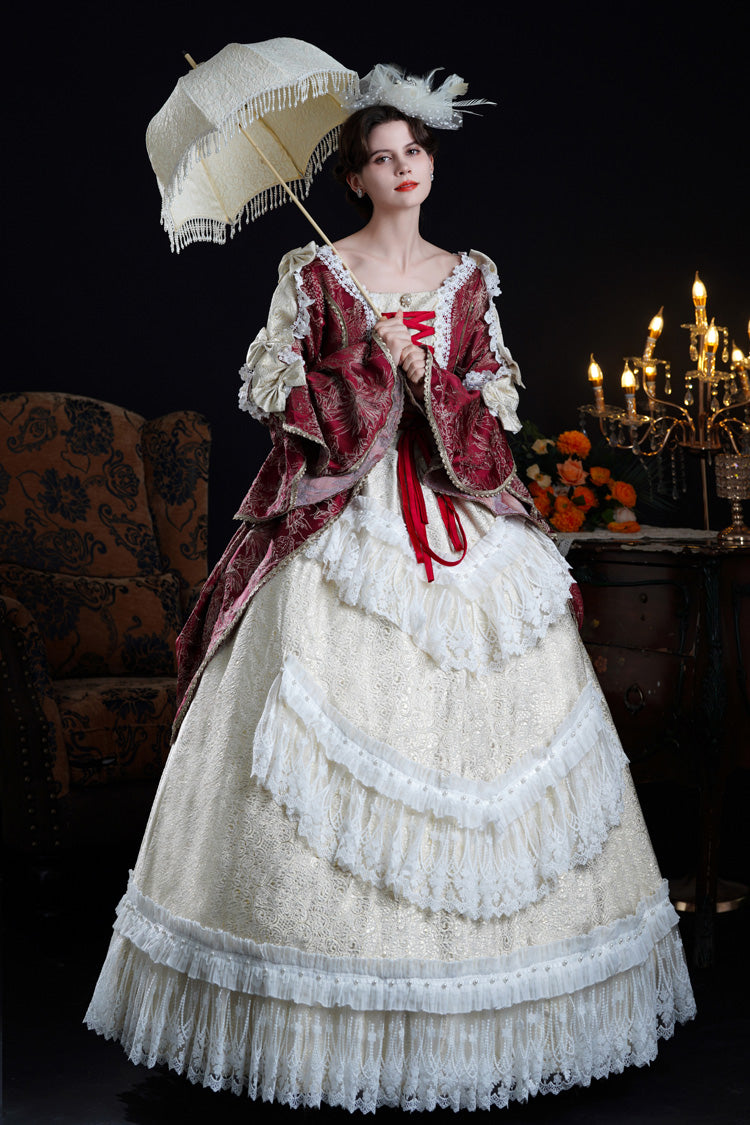 Wine/Ivory Long Hime Sleeves Lace-Up Classic Vintage Palace Lolita Victorian Dress