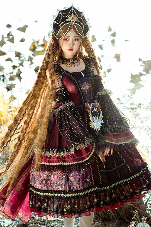 Wine Vintage Hanayome Eye of Red Heart Bowknot Multi-Layer Ruffled Classic Lolita JSK Dress