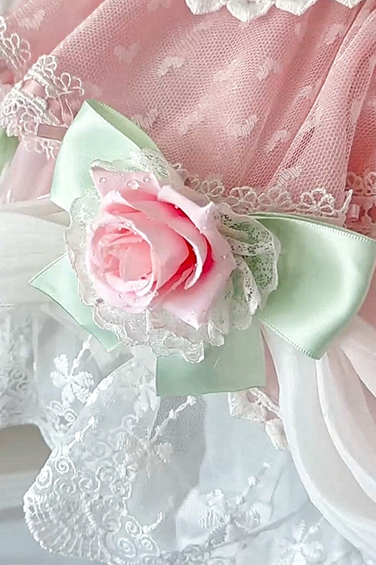 Pink Honey Rose Sleeveless Ruffle Embroidery Bowknot Lace Pearl Sweet Lolita Jsk Dress