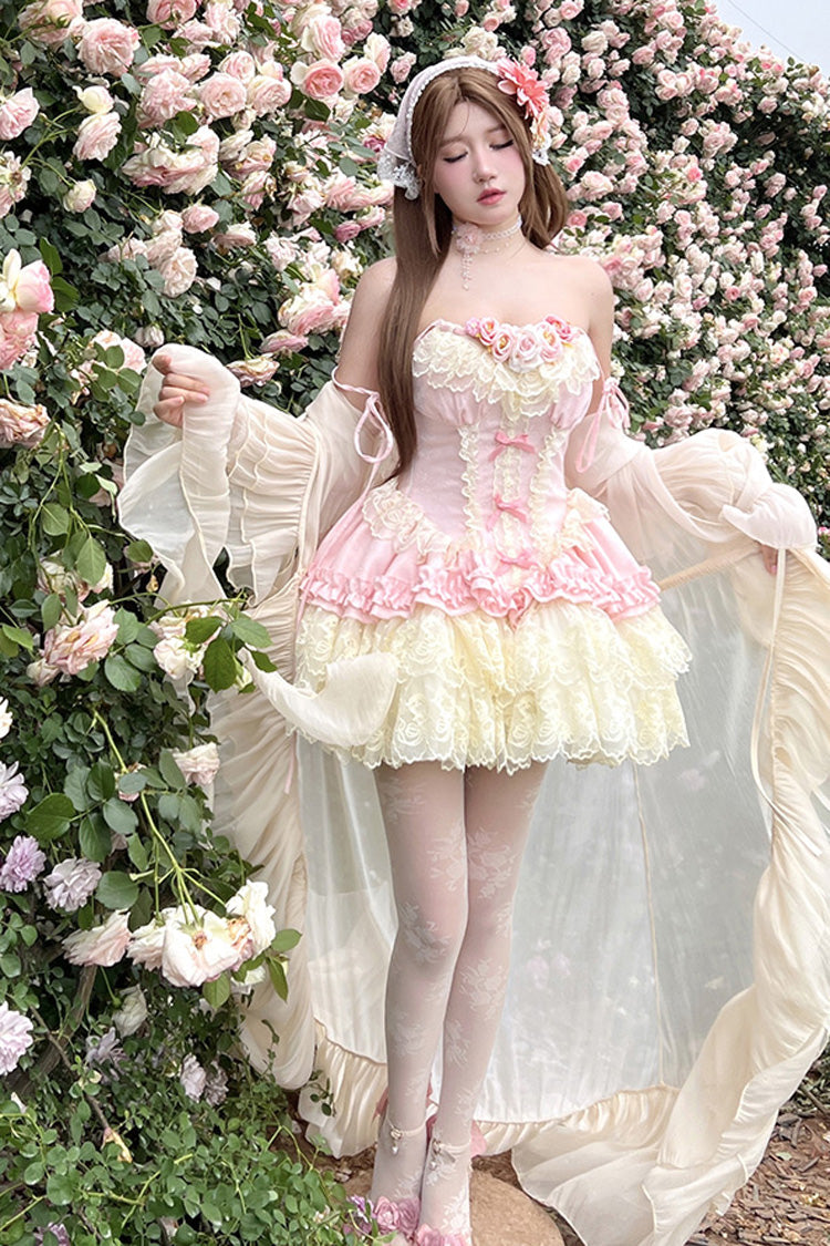 Pink Pure Dream Flower Love Multi-Layered Ruffle Embroidery Bowknot Lace Sweet Lolita Jsk Dress