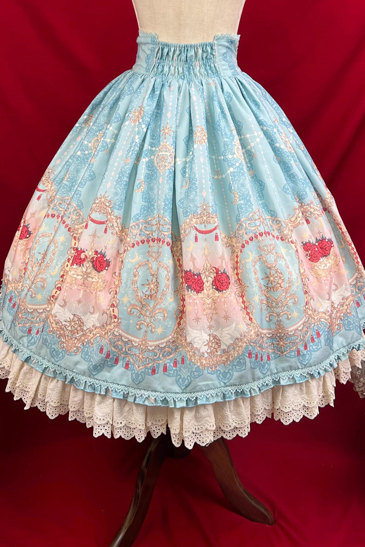 Blue Moonlit Garden Secret Print Ruffle Embroidery Lace Sweet Elegant Palace Lolita Skirt