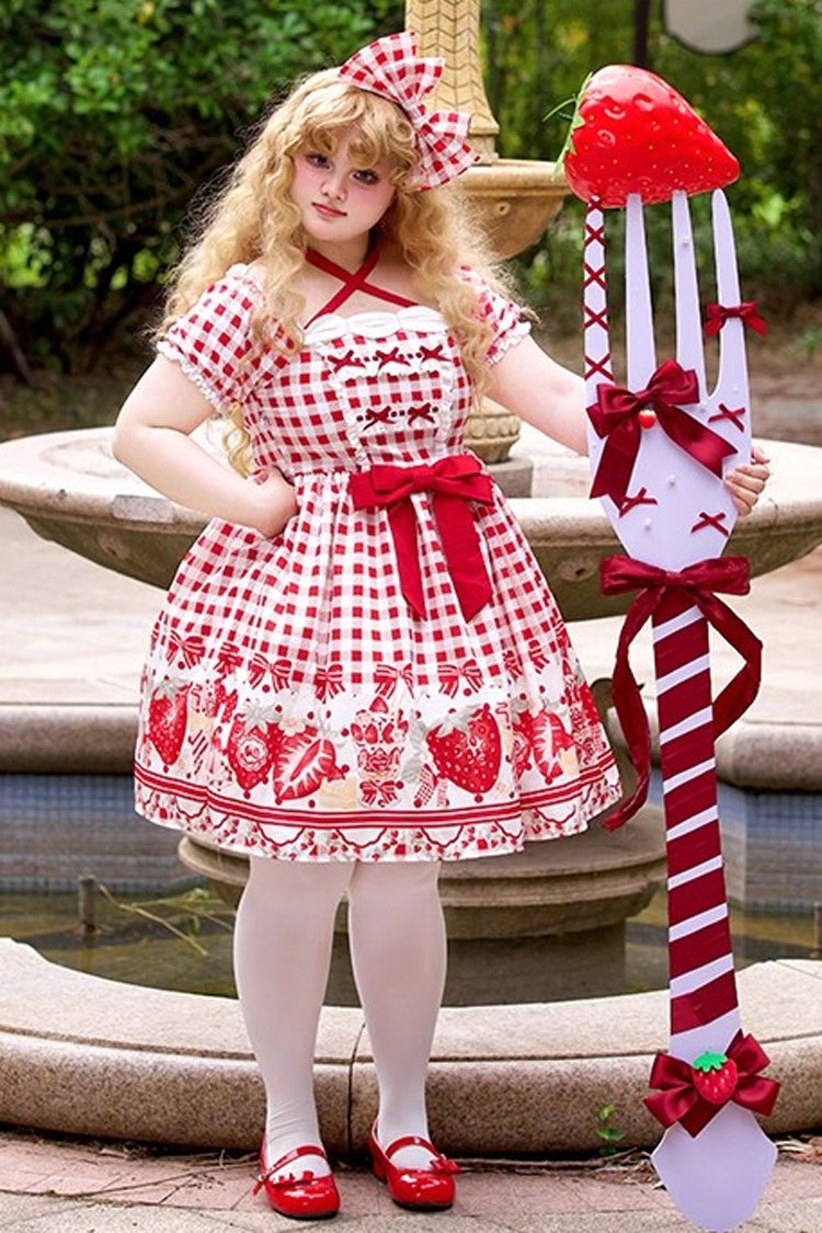 Red Short Sleeves Strawberry Plaid Print Bowknot Sweet Plus Size Princess Lolita Dress