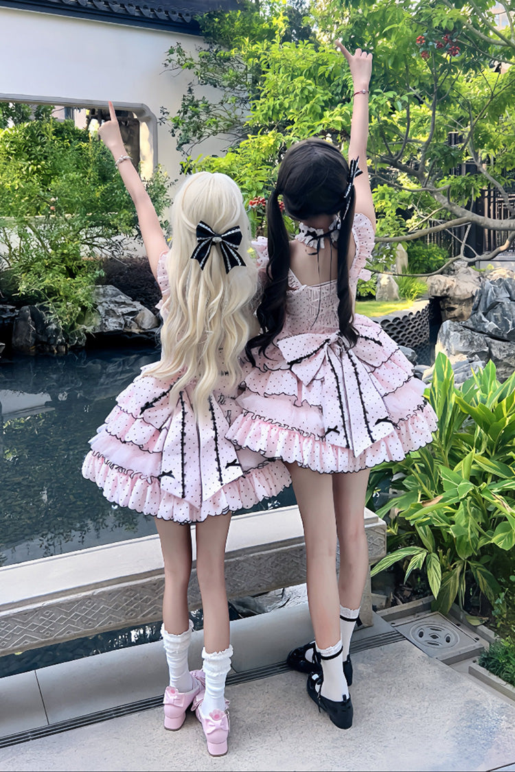 Pink Sleeveless Multi-Layered Polka Dots Printed Ruffled Bow Sweet Princess Lolita Jsk Dress