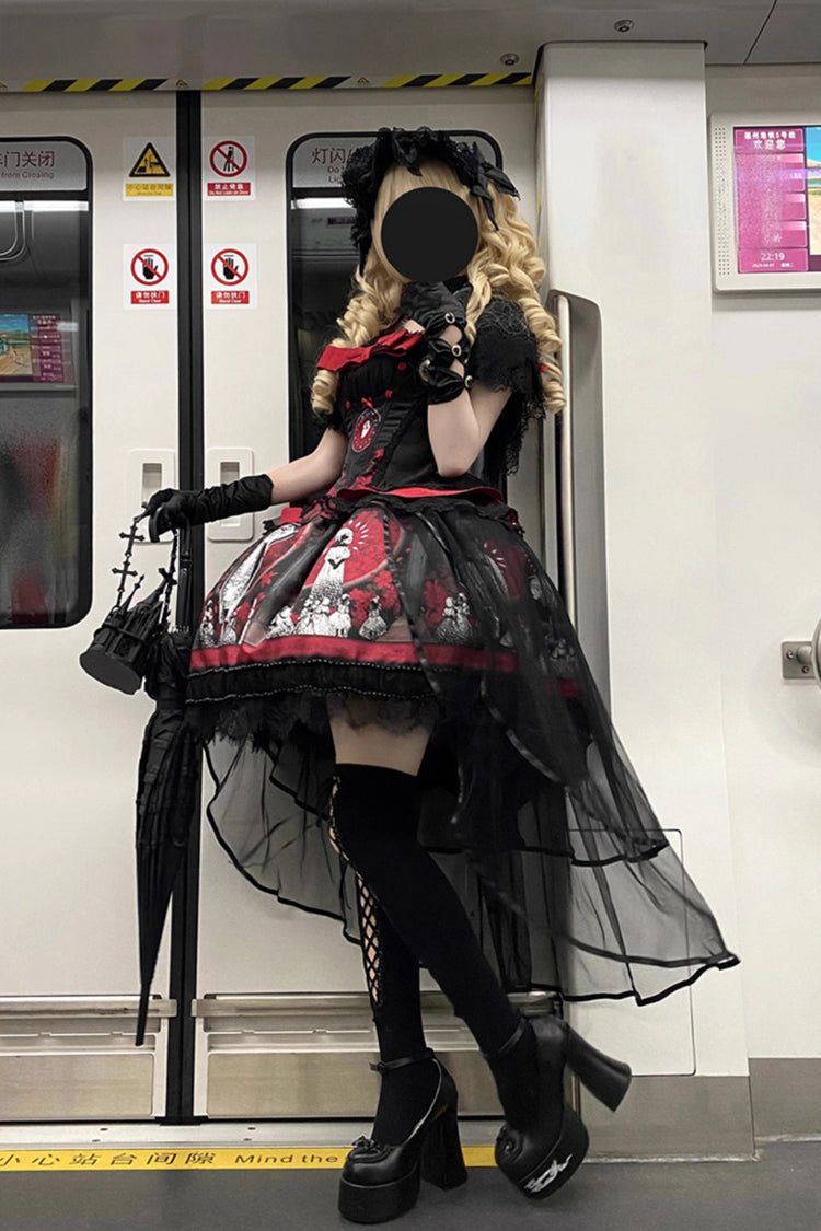 Red Dark Moon Corridor Print Embroidery Gothic Lolita Dress Skirt
