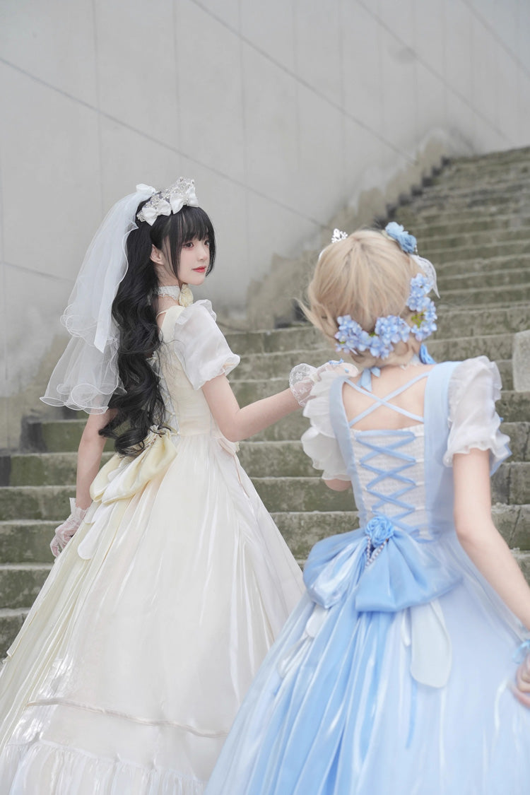 Sweet Short Puff Sleeves Ruffle Hanayome Cardigan Bowknot Princess Gorgeous Lolita Dress 2 Colors