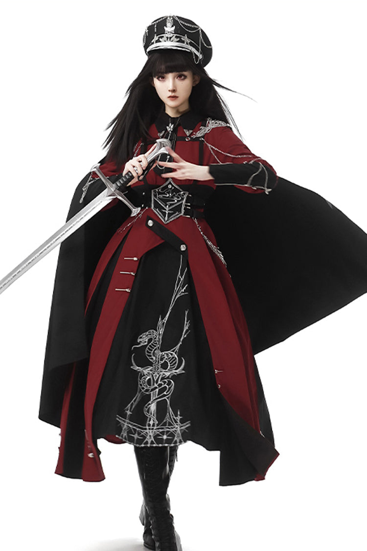 Red/Black Scarlet Night Knight Metal Chain Print Bowknot Gothic Military Elegant Lolita Dress
