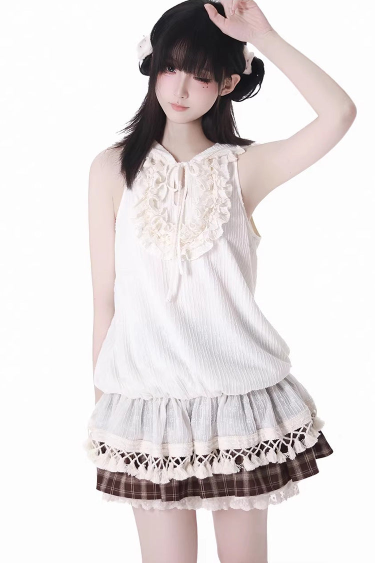 Brown Warm Summer Days Double-Layered Printed Ruffled Spliced Lace Sweet Lolita Skirt